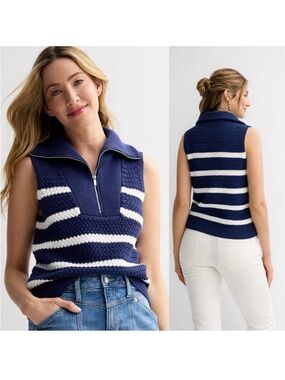 Sonoma Navy Stripe Quarter Zip Sweater Vest Small Coastal Preppy Cotton Knit